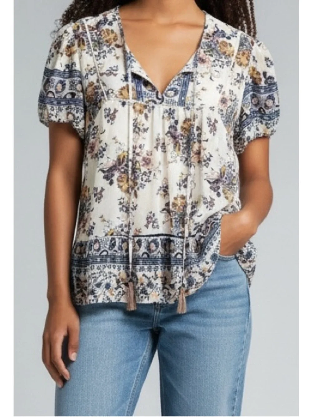 Knox Rose Small White Multicolor Floral Boho Peasant Tie Front Blouse